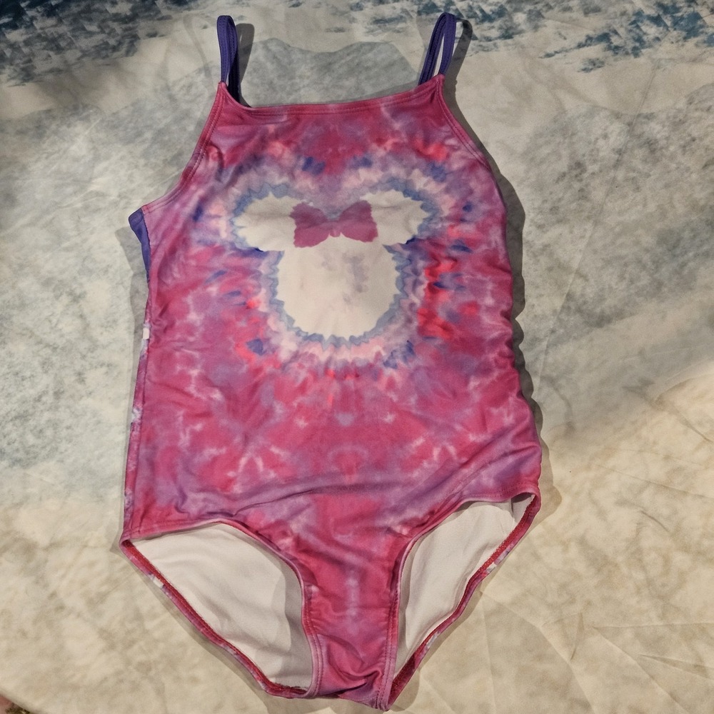 Disney Minnie Mouse Girls Swimsuit 10/12 Pink Purple Tie Dye One Piece